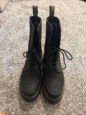 Dr. Martens Black Canvas Lace-Up Combat Boots with Yellow Stitching